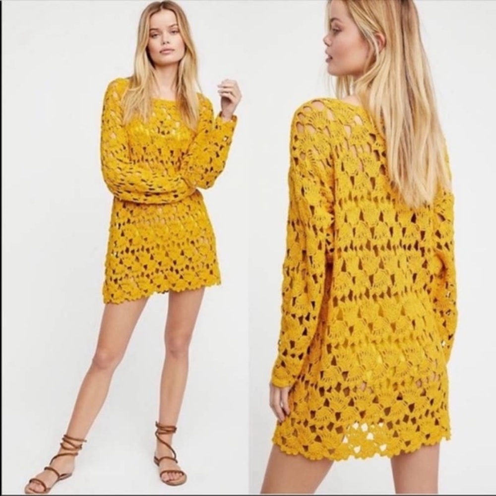 Free people crochet sweater top cover up tunic dress M